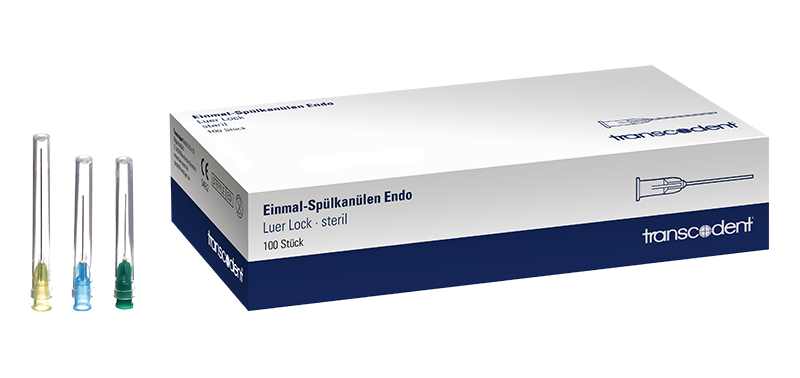 Einmal-Spülkanüle Endo Verpackung mit drei farbigen Kanülen.