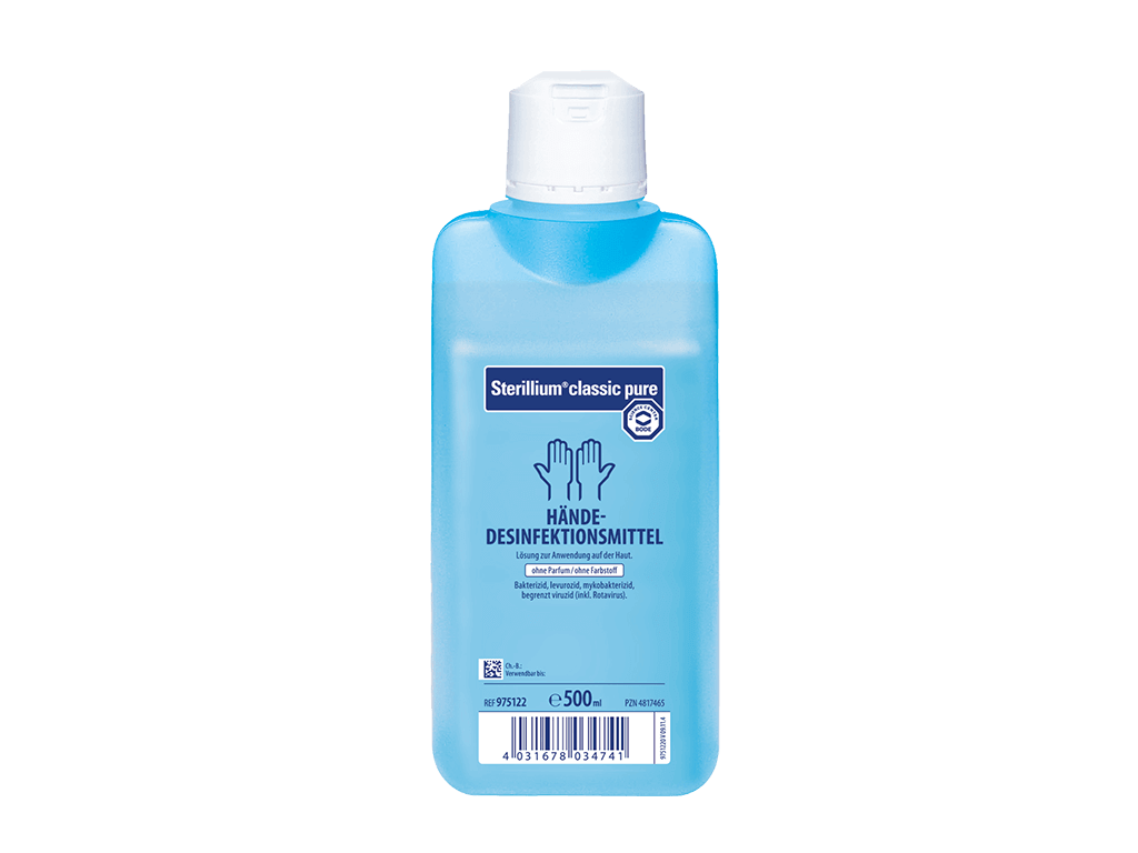 Sterillium Classic Pure Händedesinfektionsmittel in blauer 500 ml Flasche.