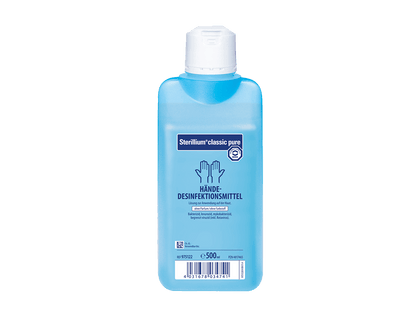 Sterillium Classic Pure Händedesinfektionsmittel in blauer 500 ml Flasche.
