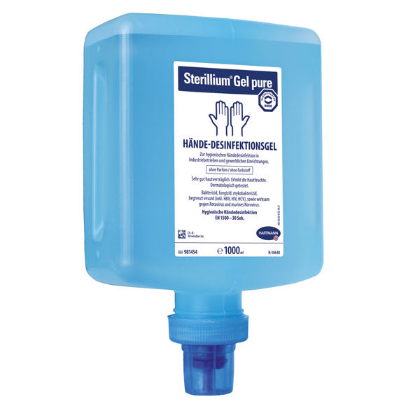 Sterillium® Gel pure CleanSafe Händedesinfektionsgel in blauer Flasche mit Etikett.