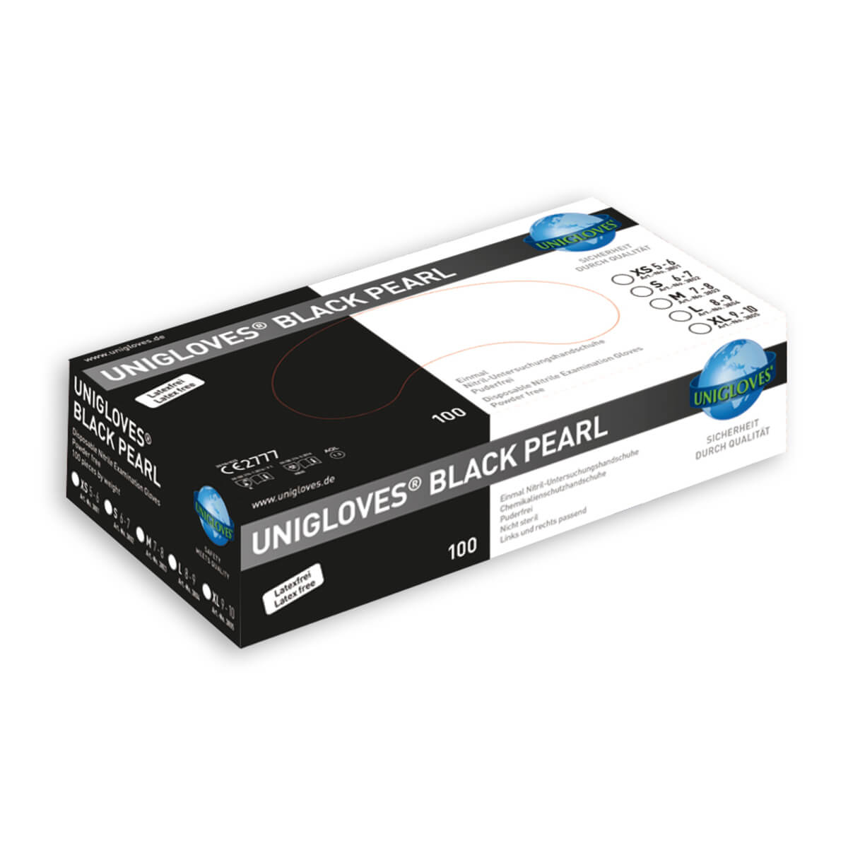 Verpackung der Unigloves Black Pearl Nitrilhandschuhe mit Logo und Produktinformationen.