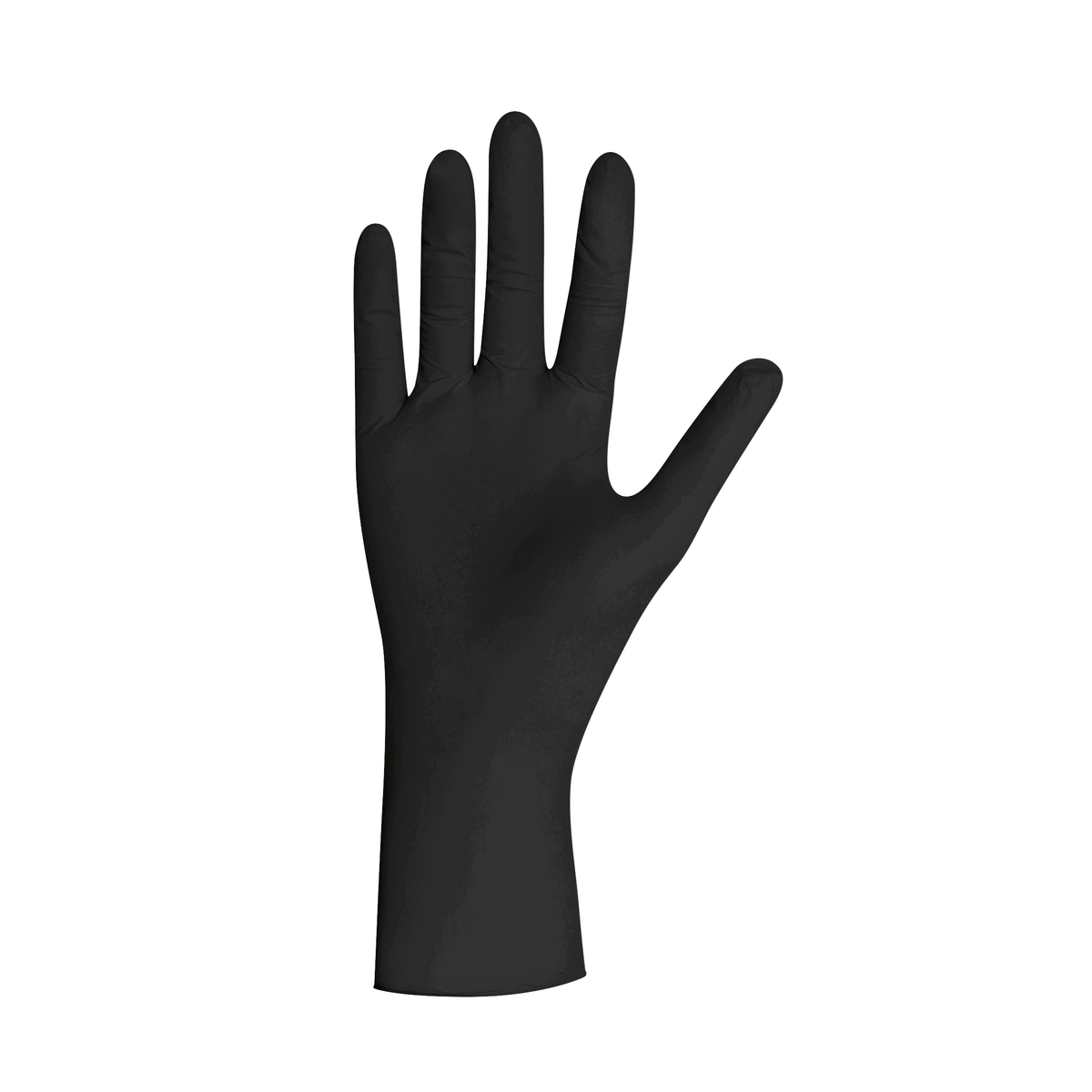 Schwarzer Unigloves Pearl Nitrilhandschuh, ausgestreckte Handansicht.