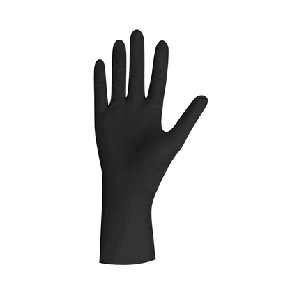 Schwarzer Unigloves Pearl Nitrilhandschuh, ausgestreckte Handansicht.