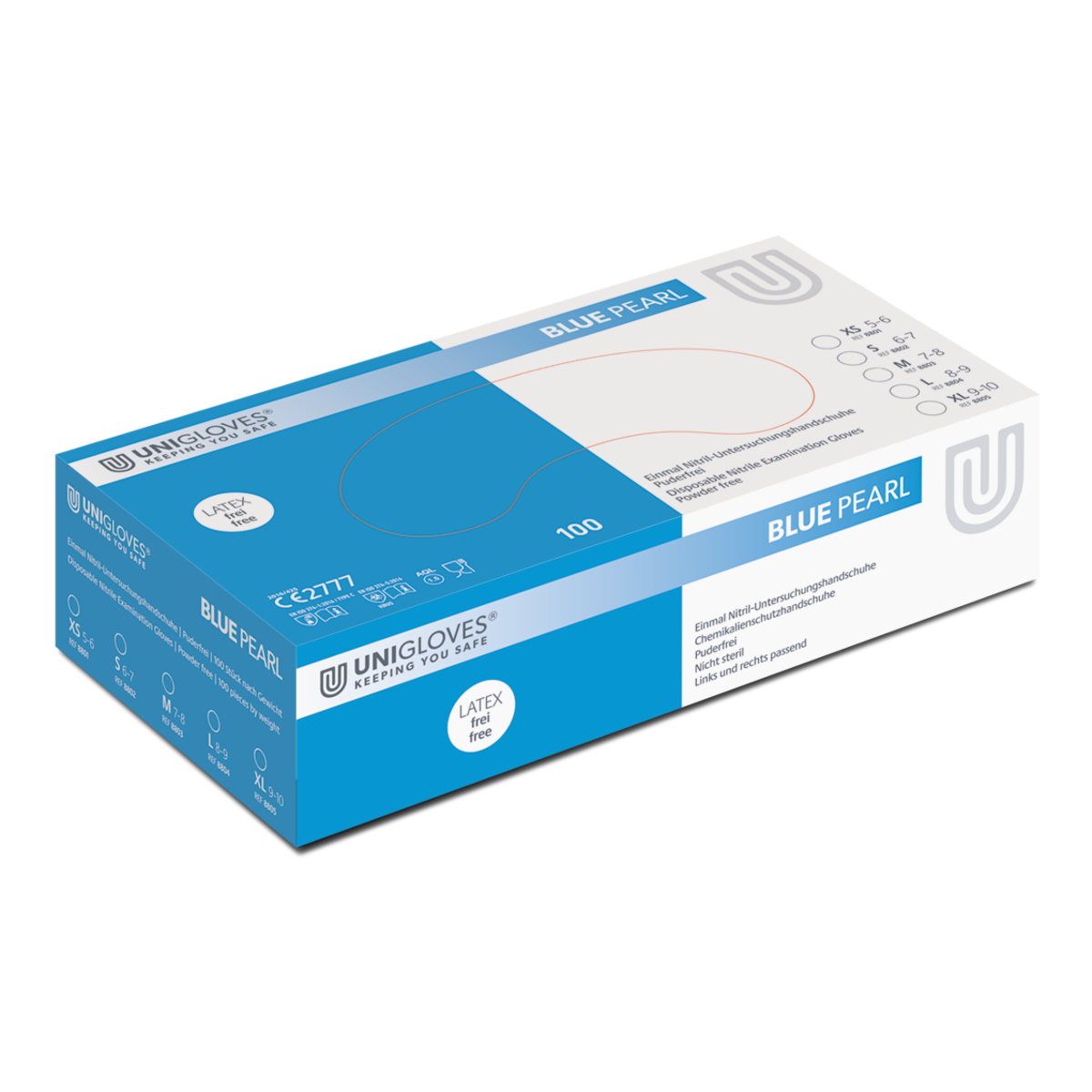 Unigloves Blue Pearl Nitrilhandschuhe in blauer Verpackung.