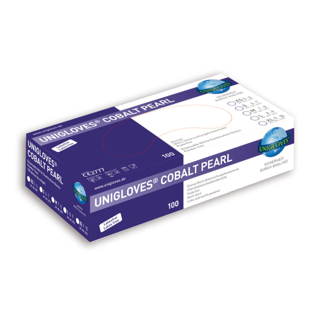 Unigloves Pearl Nitrilhandschuhe in Kobaltblau, Verpackung mit 100 Stück.