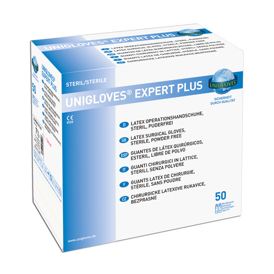 Unigloves Expert Plus sterile Latex-OP-Handschuhe in Originalverpackung.