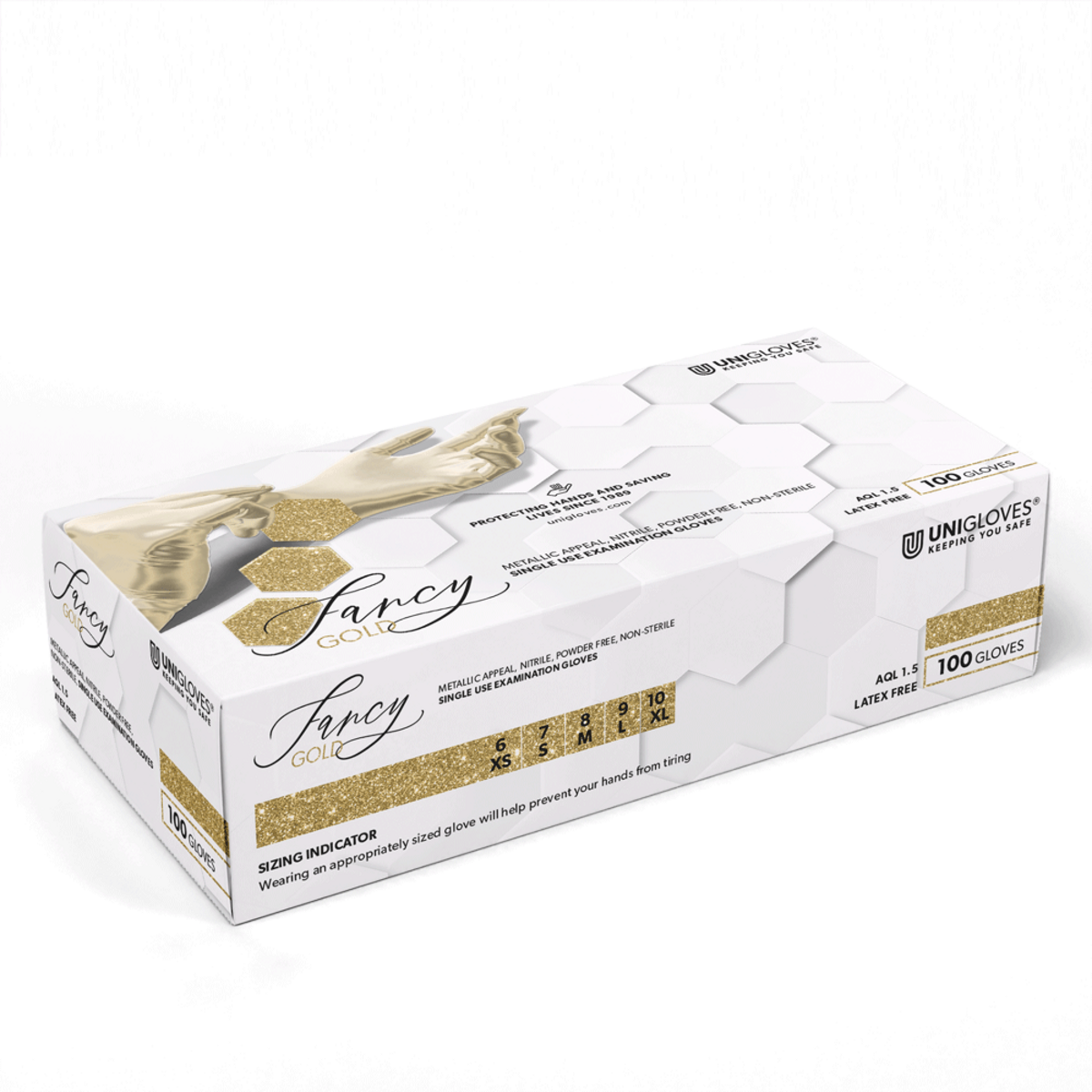 Unigloves Fancy Gold Nitril Einmalhandschuhe in goldener Verpackung, Größe S.
