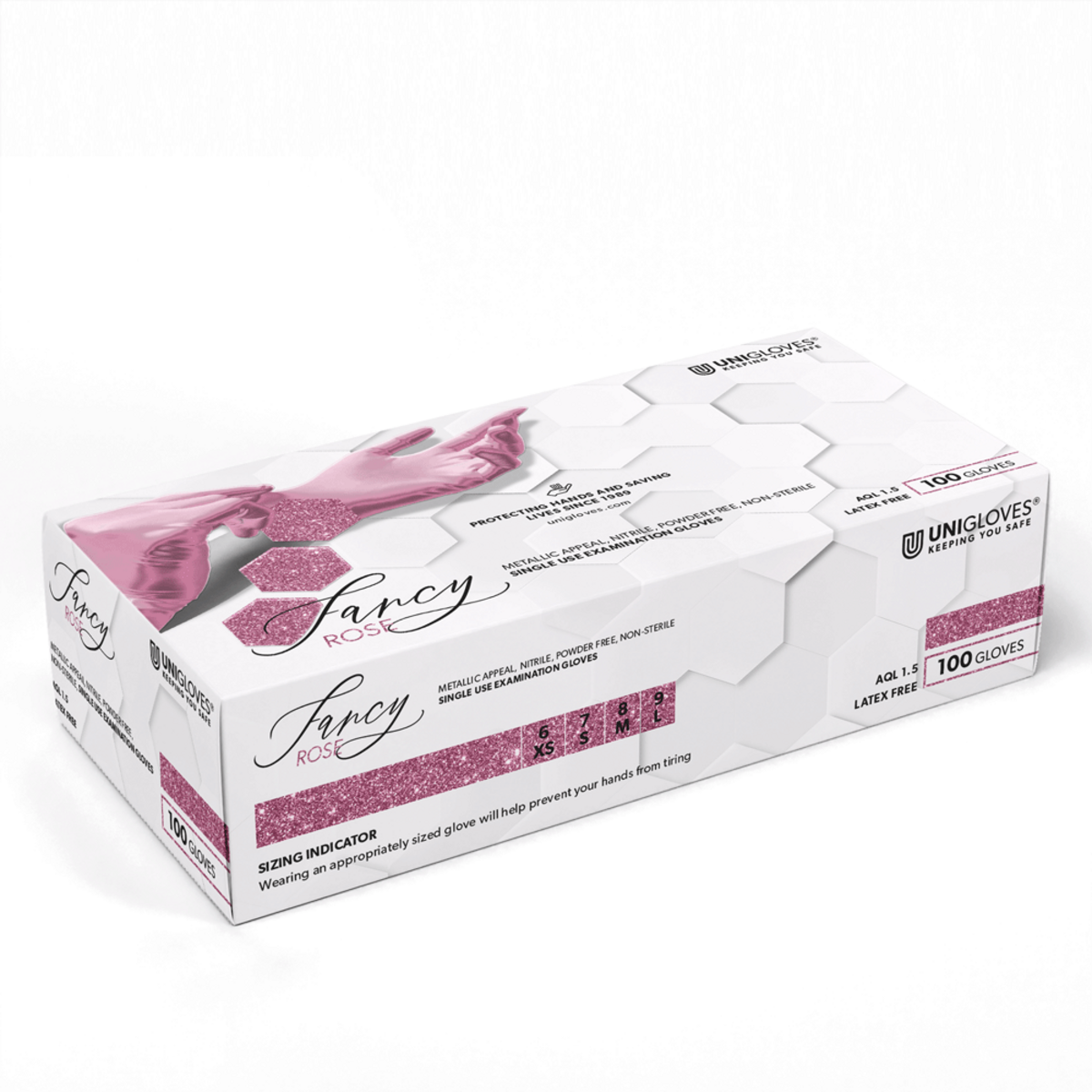 Unigloves Fancy Rose Nitril Einmalhandschuhe in XS, glänzende Verpackung.