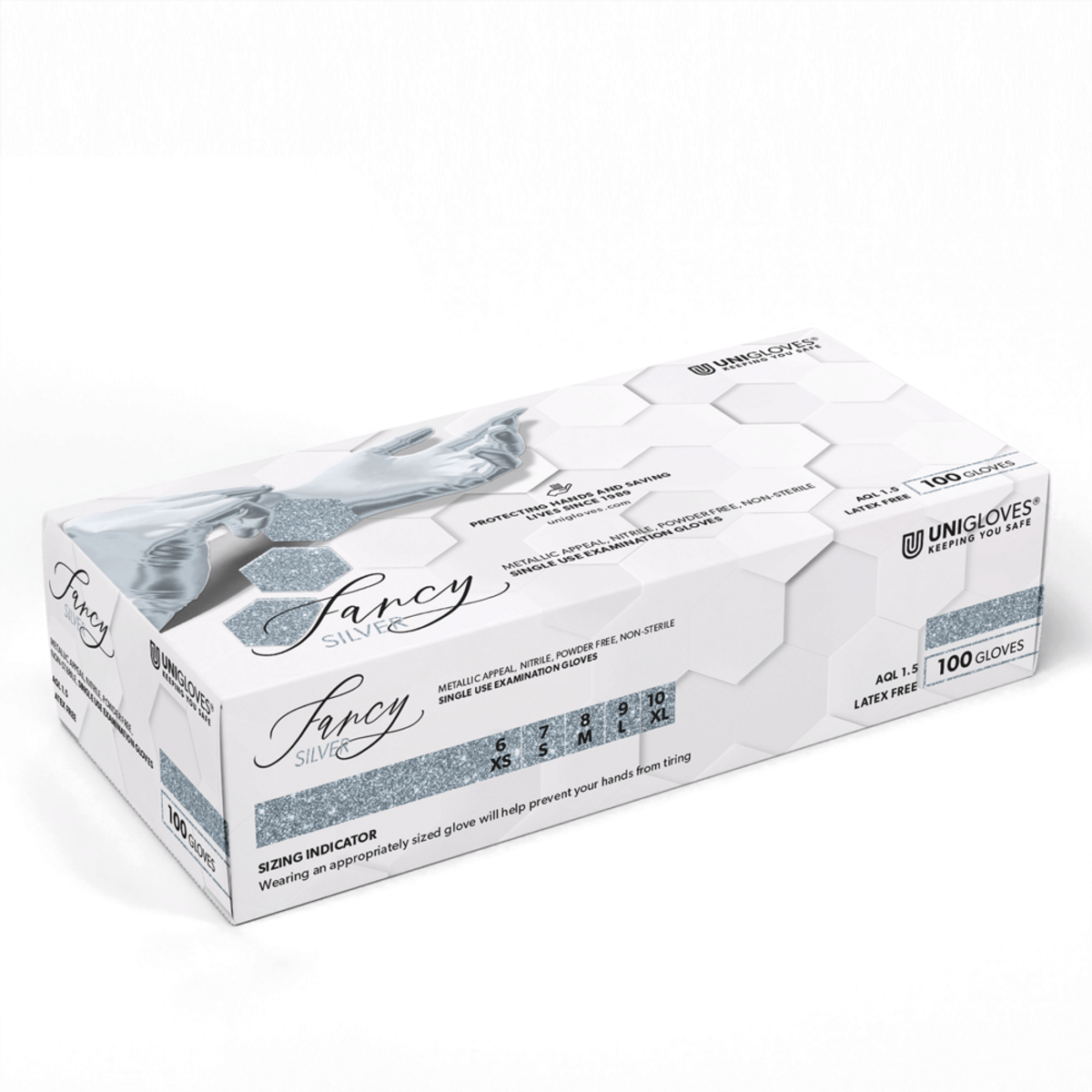 Silberne Nitril-Einmalhandschuhe Unigloves Fancy Silver in Verpackung.
