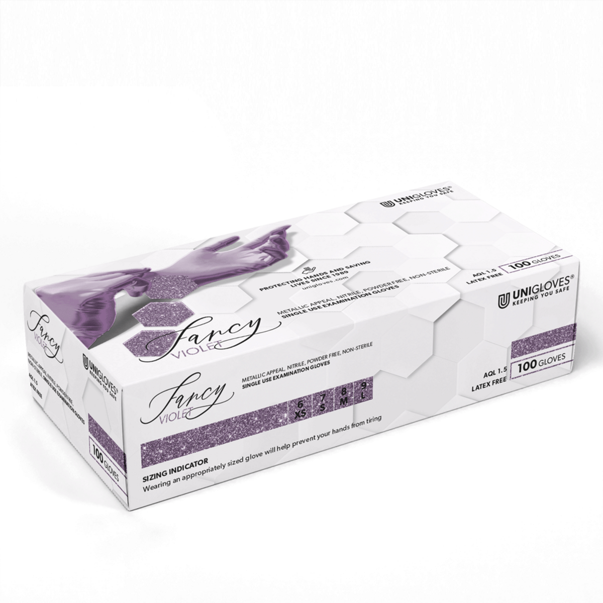 Unigloves Fancy Violet Nitrilhandschuhe in weißer Verpackung mit lila Design.