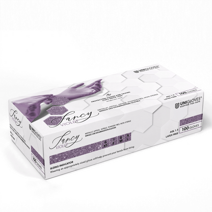 Unigloves Fancy Violet Nitrilhandschuhe in weißer Verpackung mit lila Design.