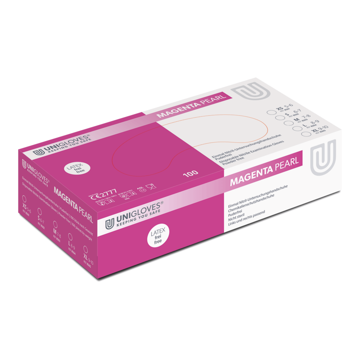 Verpackung der Unigloves Pearl Nitrilhandschuhe in Magenta, 100 Stück.