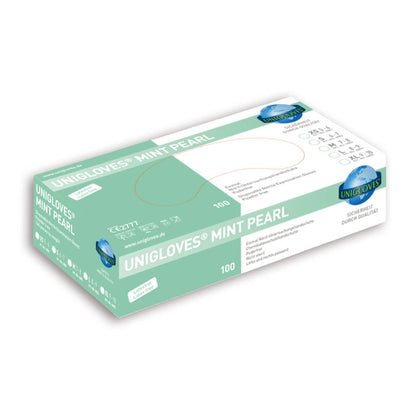 Verpackung der Unigloves Pearl Nitrilhandschuhe in Mint mit 100 Stück.