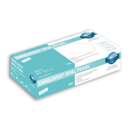 Verpackung der schwarzen Unigloves Pearl Nitrilhandschuhe mit 100 Stück.