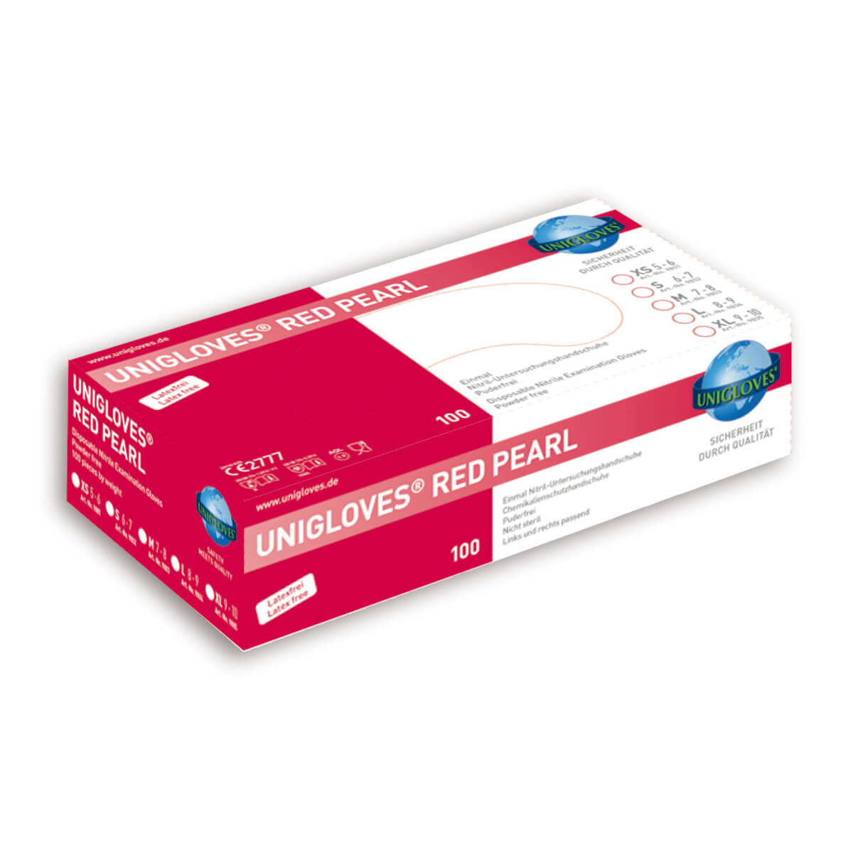 Verpackung der Unigloves Pearl Nitrilhandschuhe in Rot, 100 Stück.