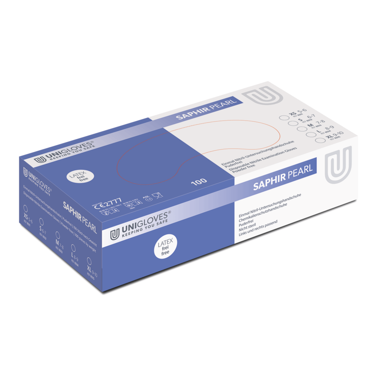 Unigloves Pearl Nitrilhandschuhe in Saphirblau, Verpackung mit 100 Stück.
