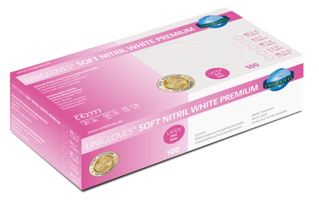 Unigloves Soft Nitril White Premium Handschuhe in rosa Verpackung, Größe S.