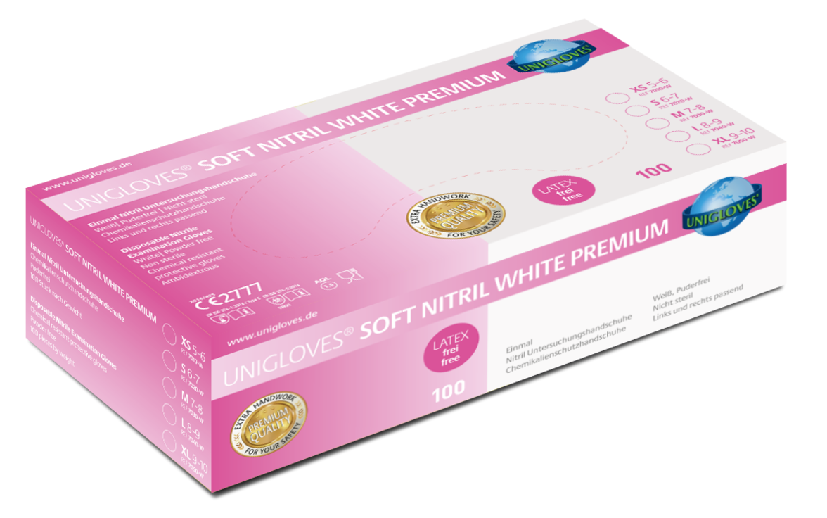 Unigloves Soft Nitril White Premium Handschuhe in rosa Verpackung, Größe S.