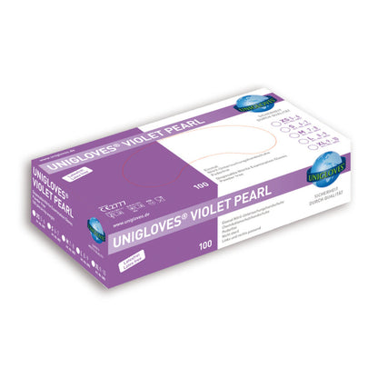 Verpackung der Unigloves Pearl Nitrilhandschuhe in der Farbe Opal, 100 Stück.