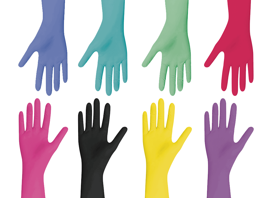 Unigloves Pearl Nitrilhandschuhe in verschiedenen Farben, inklusive Mintgrün, ausgestreckte Handansicht.