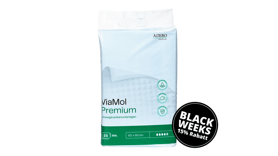 ViaMol Premium Bettschutzeinlagen-Verpackung mit 25 saugfähigen Einlagen.