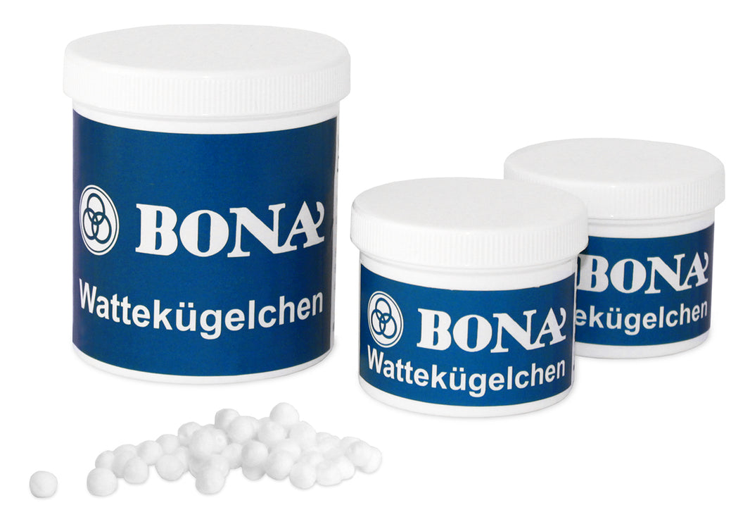 Kunststoffdosen mit Schraubdeckel, gefüllt mit Bona Wattekügelchen, 7 mm Variante.